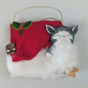 Vtg Cat Christmas Ornament Santa Hat Mouse Holly Cozy Cute Tree Gift Precious